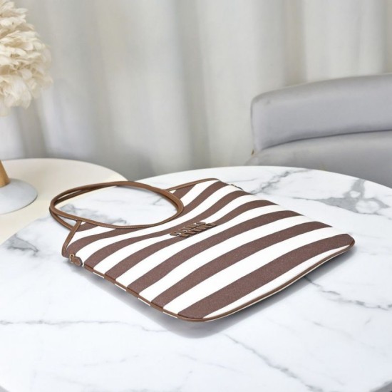 Replica Borsa a tracolla Miu Miu Ivy tela a righe e pelle 5BG231 caffè chiaro Imitazione Fallate Outlet