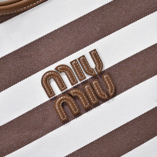 Replica Borsa a tracolla Miu Miu Ivy tela a righe e pelle 5BG231 caffè chiaro Imitazione Fallate Outlet