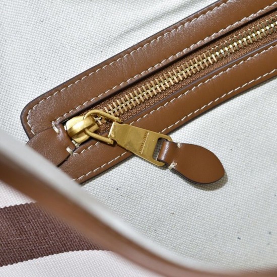Replica Borsa a tracolla Miu Miu Ivy tela a righe e pelle 5BG231 caffè chiaro Imitazione Fallate Outlet