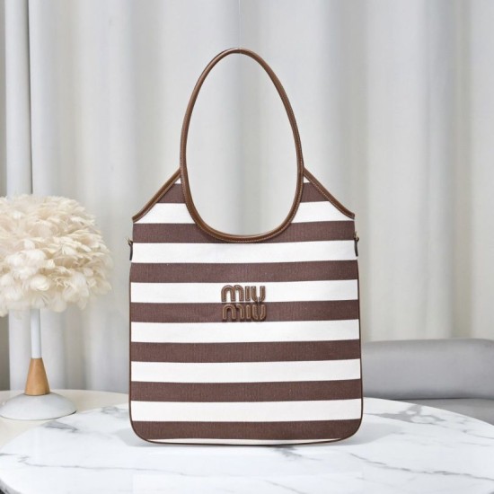 Replica Borsa a tracolla Miu Miu Ivy tela a righe e pelle 5BG231 caffè chiaro Imitazione Fallate Outlet