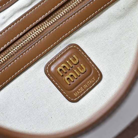 Replica Borsa a tracolla Miu Miu Ivy tela a righe e pelle 5BG231 caffè chiaro Imitazione Fallate Outlet