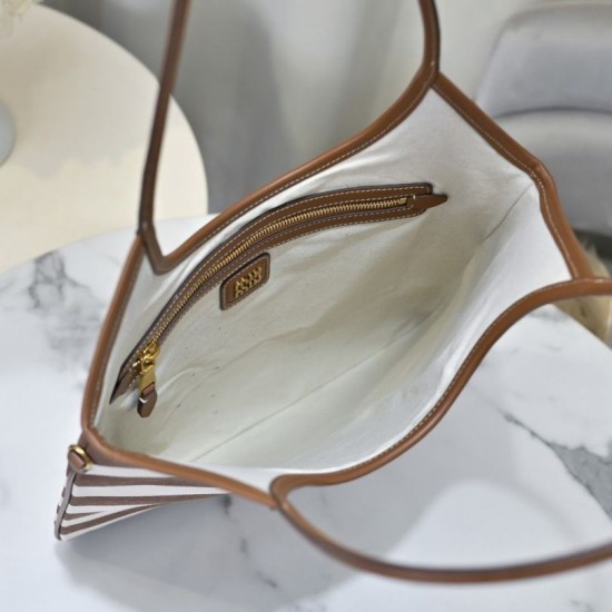 Replica Borsa a tracolla Miu Miu Ivy tela a righe e pelle 5BG231 caffè chiaro Imitazione Fallate Outlet
