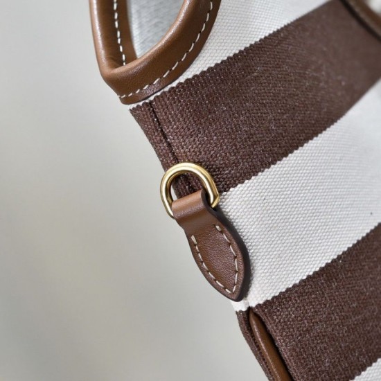 Replica Borsa a tracolla Miu Miu Ivy tela a righe e pelle 5BG231 caffè chiaro Imitazione Fallate Outlet