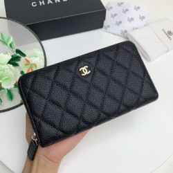 Replica Portafoglio grande Chanel Caviar trapuntato con soffietto e cerniera nero Imitazione Fallate Outlet
