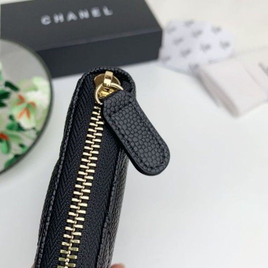 Replica Portafoglio grande Chanel Caviar trapuntato con soffietto e cerniera nero Imitazione Fallate Outlet