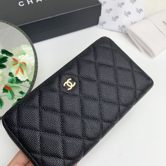 Replica Portafoglio grande Chanel Caviar trapuntato con soffietto e cerniera nero Imitazione Fallate Outlet