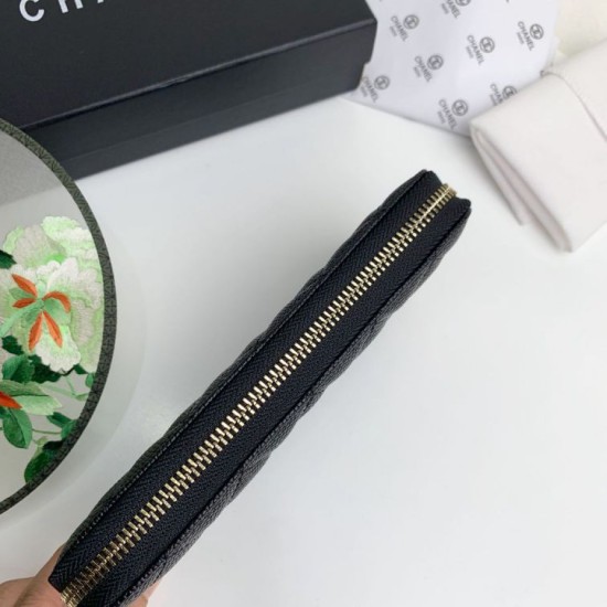 Replica Portafoglio grande Chanel Caviar trapuntato con soffietto e cerniera nero Imitazione Fallate Outlet