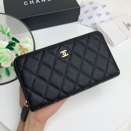 Replica Portafoglio grande Chanel Caviar trapuntato con soffietto e cerniera nero Imitazione Fallate Outlet