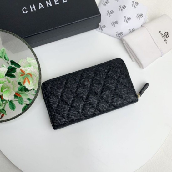 Replica Portafoglio grande Chanel Caviar trapuntato con soffietto e cerniera nero Imitazione Fallate Outlet