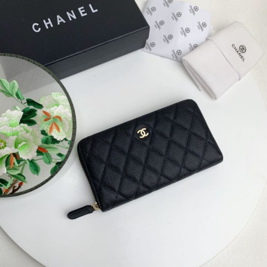 Replica Portafoglio grande Chanel Caviar trapuntato con soffietto e cerniera nero Imitazione Fallate Outlet