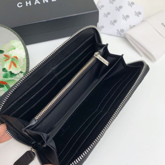 Replica Portafoglio Chanel Caviar trapuntato con soffietto e cerniera nero Imitazione Fallate Outlet