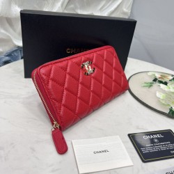 Replica Portafoglio Chanel con cerniera pelle trapuntata rosso caviale Imitazione Fallate Outlet
