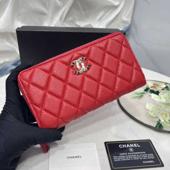 Replica Portafoglio Chanel con cerniera pelle trapuntata rosso caviale Imitazione Fallate Outlet