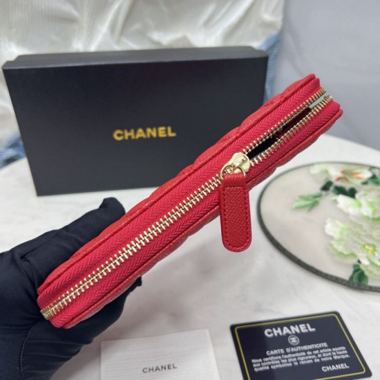 Replica Portafoglio Chanel con cerniera pelle trapuntata rosso caviale Imitazione Fallate Outlet