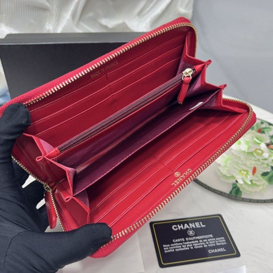 Replica Portafoglio Chanel con cerniera pelle trapuntata rosso caviale Imitazione Fallate Outlet