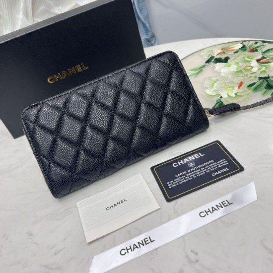 Replica Portafoglio Chanel con cerniera pelle trapuntata Nero caviale Imitazione Fallate Outlet