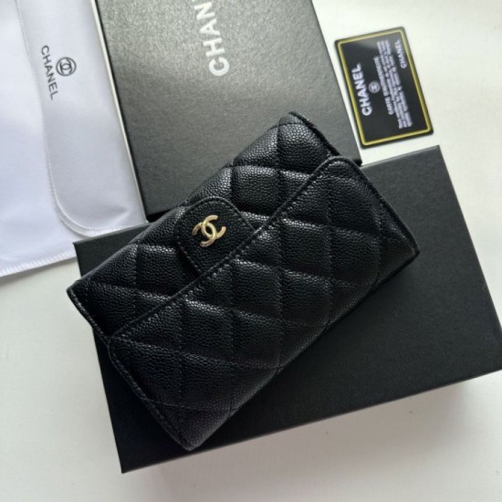Replica Portacarte Chanel Caviar trapuntato con patta nero e dettagli oro Imitazione Fallate Outlet