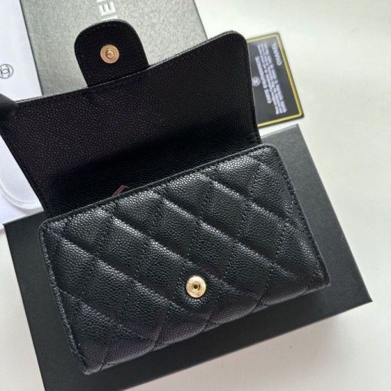 Replica Portacarte Chanel Caviar trapuntato con patta nero e dettagli oro Imitazione Fallate Outlet