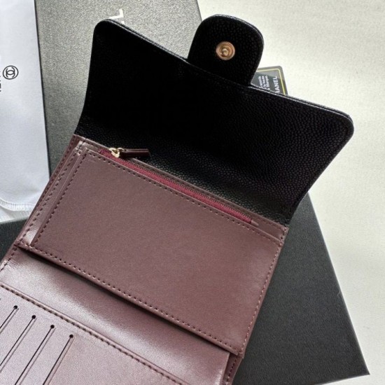 Replica Portacarte Chanel Caviar trapuntato con patta nero e dettagli oro Imitazione Fallate Outlet