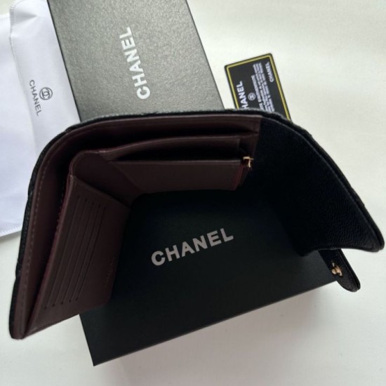 Replica Portacarte Chanel Caviar trapuntato con patta nero e dettagli oro Imitazione Fallate Outlet