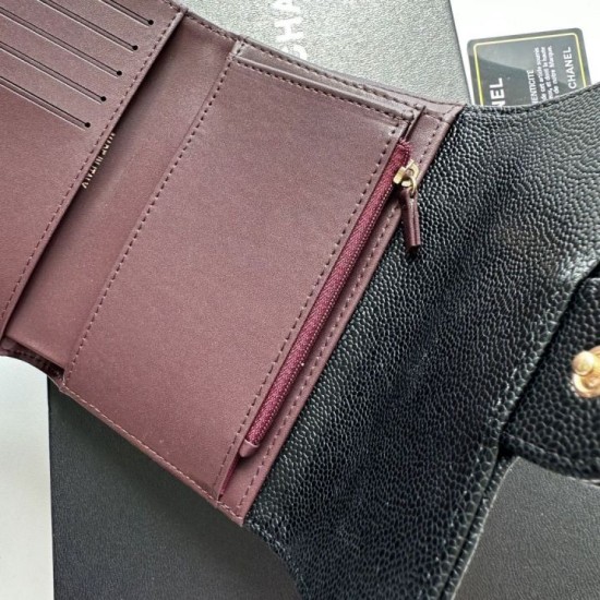 Replica Portacarte Chanel Caviar trapuntato con patta nero e dettagli oro Imitazione Fallate Outlet