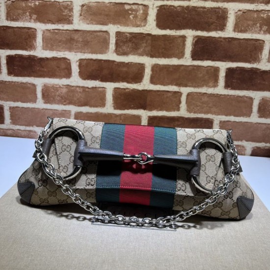 Replica Borsa a tracolla Gucci Horsebit Chain tela GG 764255 marrone Imitazione Fallate Outlet