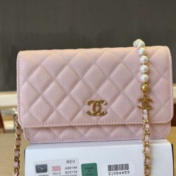 Replica Portafoglio Chanel trapuntato in caviale perlato con catena Woc Rosa False Fatte Bene