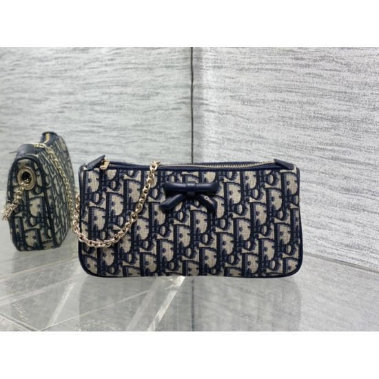 Perfetto Replica Pochette Dior Oblique Bow con catena Blu Imitazione Outlet