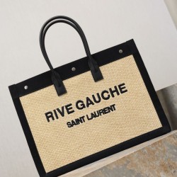Premio Replica Borsa tote YSL Saint Laurent Rive Gauche Rafia ricamata Nero Imitazione Outlet