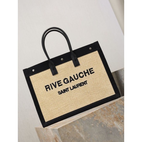 Premio Replica Borsa tote YSL Saint Laurent Rive Gauche Rafia ricamata Nero Imitazione Outlet