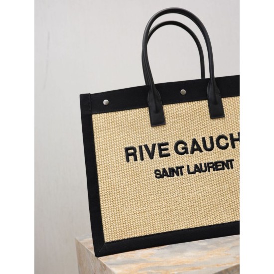 Premio Replica Borsa tote YSL Saint Laurent Rive Gauche Rafia ricamata Nero Imitazione Outlet