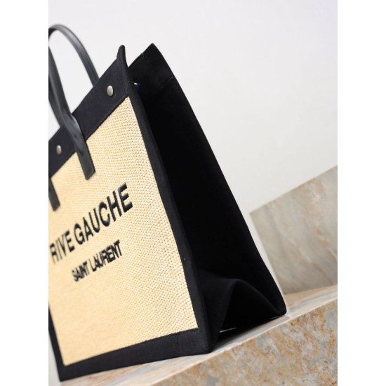 Premio Replica Borsa tote YSL Saint Laurent Rive Gauche Rafia ricamata Nero Imitazione Outlet