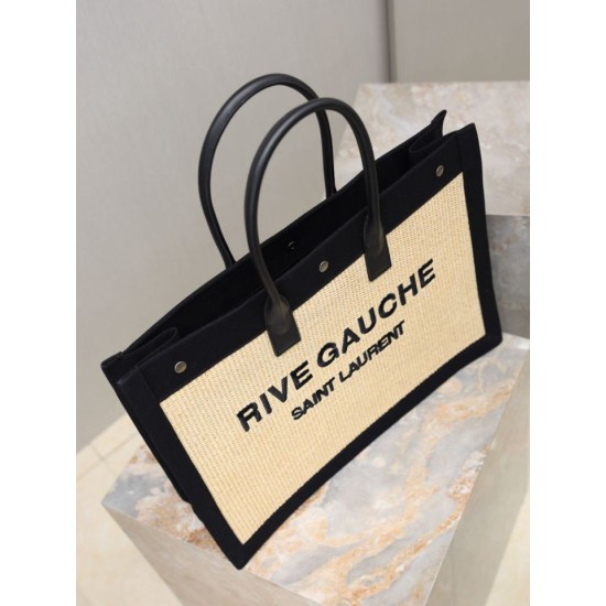 Premio Replica Borsa tote YSL Saint Laurent Rive Gauche Rafia ricamata Nero Imitazione Outlet