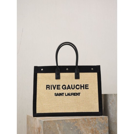 Premio Replica Borsa tote YSL Saint Laurent Rive Gauche Rafia ricamata Nero Imitazione Outlet