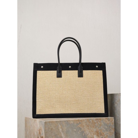 Premio Replica Borsa tote YSL Saint Laurent Rive Gauche Rafia ricamata Nero Imitazione Outlet