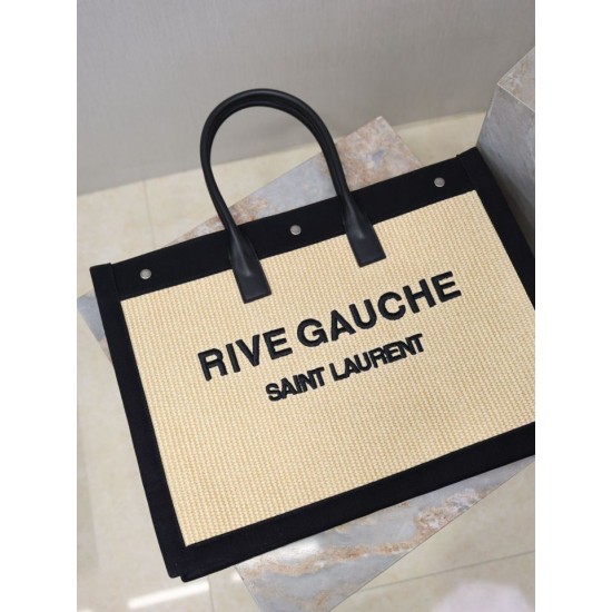 Premio Replica Borsa tote YSL Saint Laurent Rive Gauche Rafia ricamata Nero Imitazione Outlet