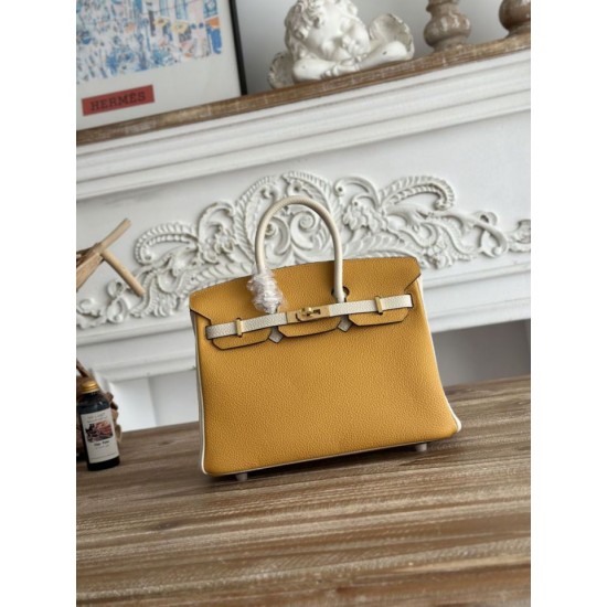 Replica Borsa Hermès Birkin 25cm/30cm bicolore pelle Togo Giallo/Bianco False Online