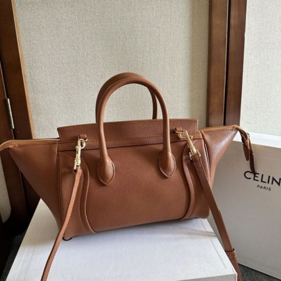 Replica Borsa tote a spalla media Luggage Celine morbida pelle di agnello lucida marrone Imitazione Outlet Fallate