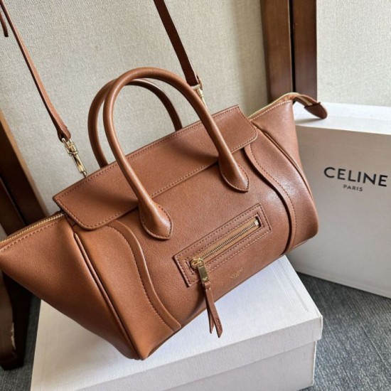 Replica Borsa tote a spalla media Luggage Celine morbida pelle di agnello lucida marrone Imitazione Outlet Fallate