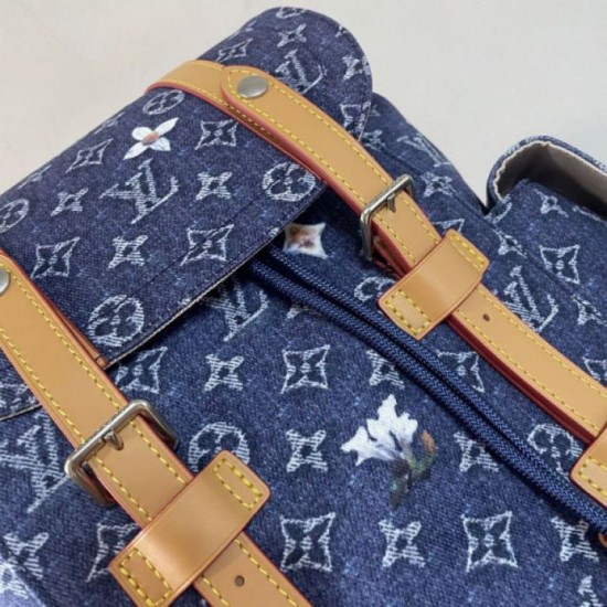 Repliche Perfette Zaino LV Christopher MM M27554 Monogram Heritage denim Blu Imitazione Outlet
