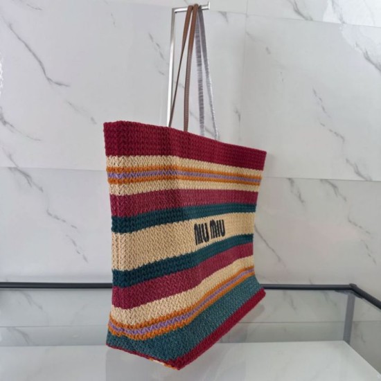 Replica Perfetta Borsa tote a righe rafia Miu Miu 5BG228 lavorata all'uncinetto Imitazione