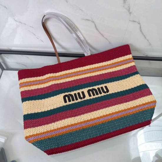 Replica Perfetta Borsa tote a righe rafia Miu Miu 5BG228 lavorata all'uncinetto Imitazione