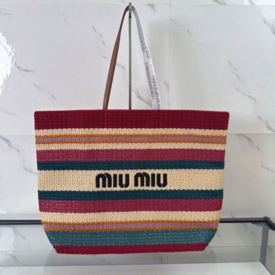 Replica Perfetta Borsa tote a righe rafia Miu Miu 5BG228 lavorata all'uncinetto Imitazione