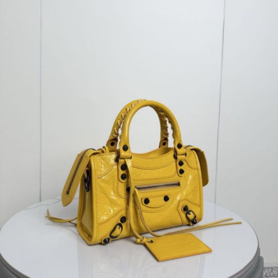 Replica Perfetta Borsa Balenciaga Le City Mini 24cm pelle di agnello stropicciata gialla Imitazione