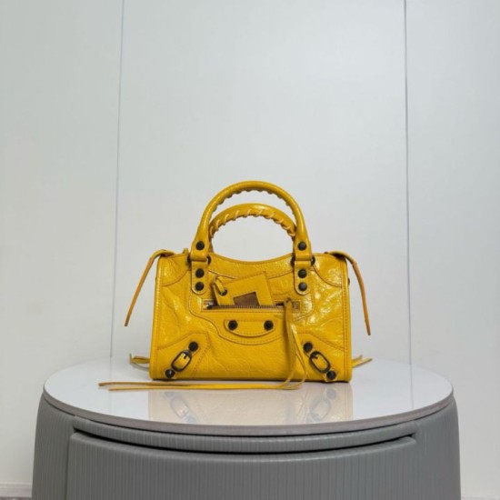 Replica Perfetta Borsa Balenciaga Le City Mini 24cm pelle di agnello stropicciata gialla Imitazione
