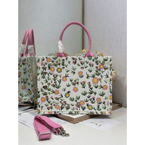 Replica fedele Borsa tote Dior Book multicolore con ricamo Daisy Garden e manico rosa Imitazione Outlet