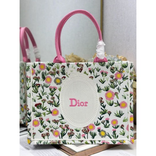 Replica fedele Borsa tote Dior Book multicolore con ricamo Daisy Garden e manico rosa Imitazione Outlet