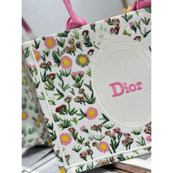 Replica fedele Borsa tote Dior Book multicolore con ricamo Daisy Garden e manico rosa Imitazione Outlet