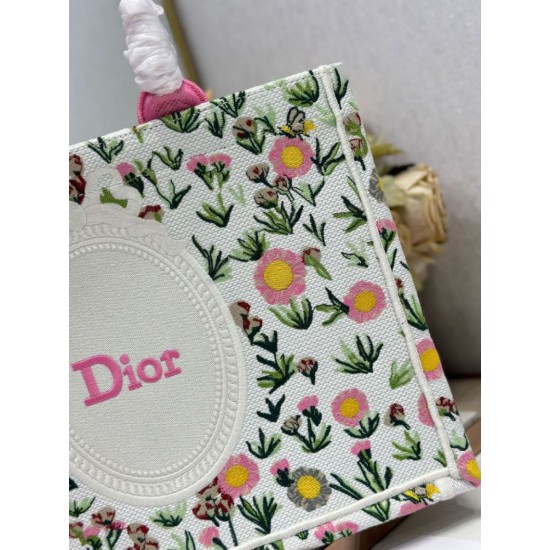 Replica fedele Borsa tote Dior Book multicolore con ricamo Daisy Garden e manico rosa Imitazione Outlet