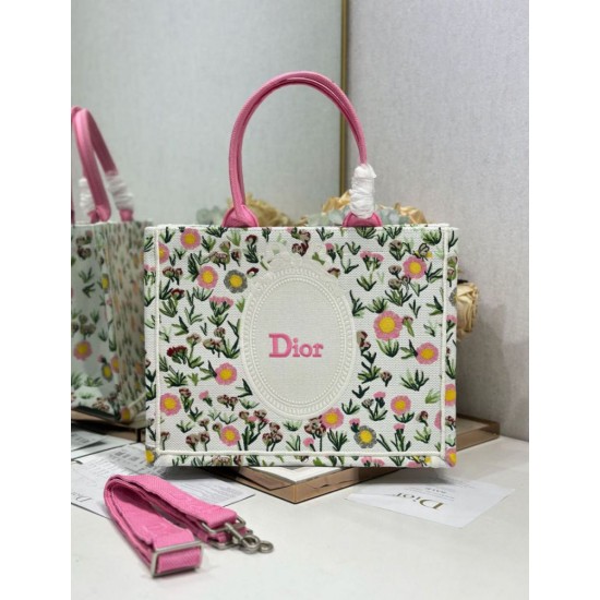 Replica fedele Borsa tote Dior Book multicolore con ricamo Daisy Garden e manico rosa Imitazione Outlet